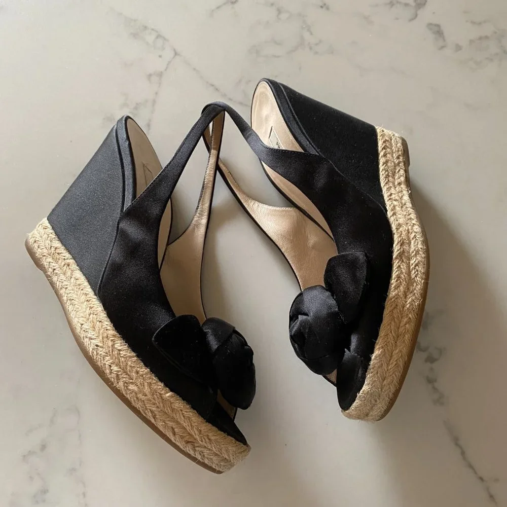 prada satin wedge peep toe espadrilles w/ rosette